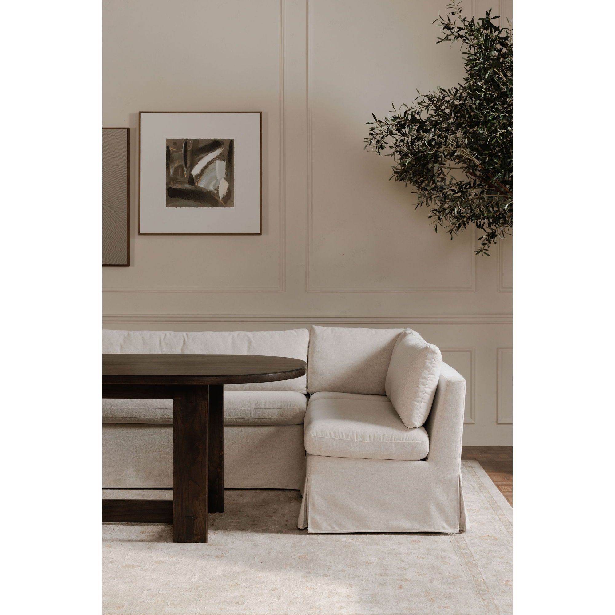 Fable - Slipcover Dining Banquette L-Shape Sectional With Slipper Chair - Beige