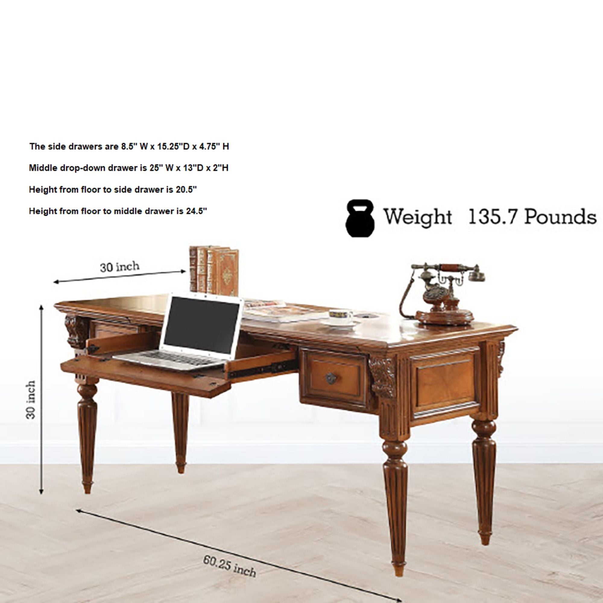 Huntington - Writing Desk - Antique Vintage Pecan
