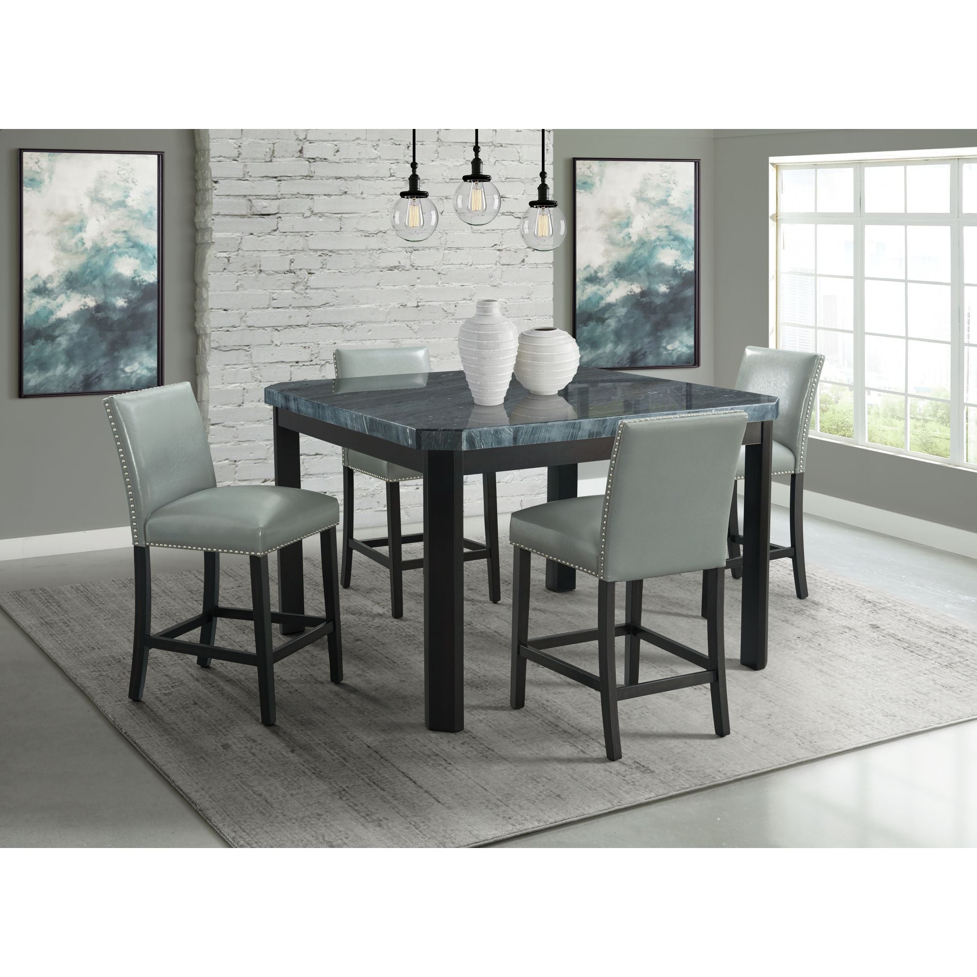 Francesca - Square 5 Piece Counter Height Dining Set, Table & Four PU Chairs - Gray / Marble