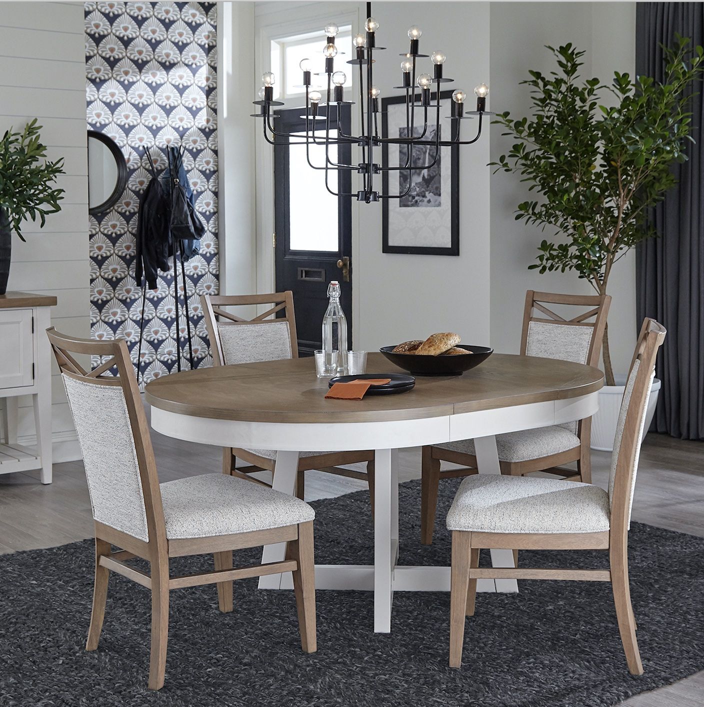 Americana Modern Dining - Round Extendable Dining Table And 4 Upholstered Chairs - Cotton