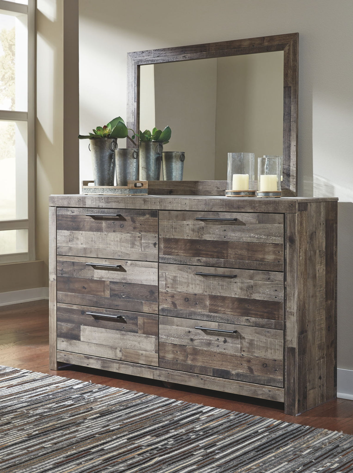 Derekson - 5 Pc. - Queen Panel Headboard with Bolt on Bed Frame, Dresser, Mirror, Chest, Nightstand - Multi Gray