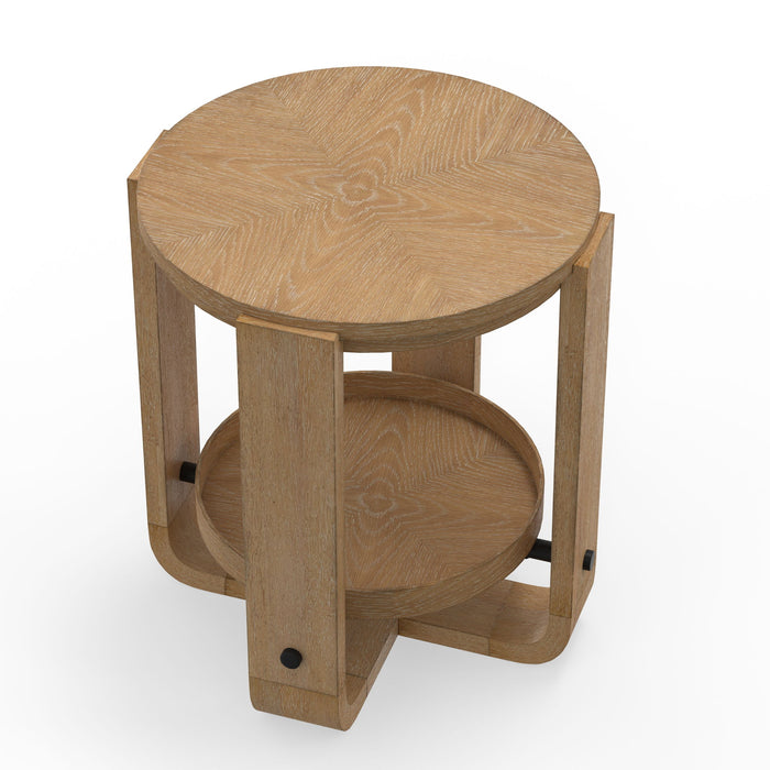 Escape - Round End Table With Shelf - Glazed Natural Oak / Black Metal Trim