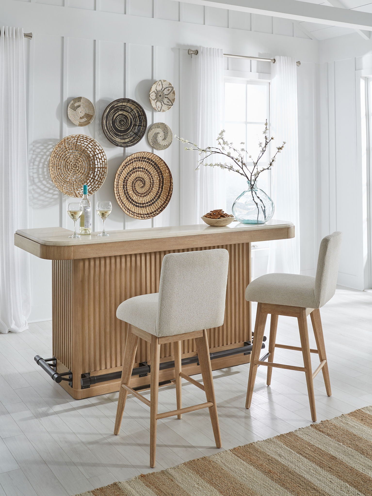 Escape - Dining Bar With 2 Upholstered Swivel Barstools - Glazed Natural Oak / Black Metal Trim