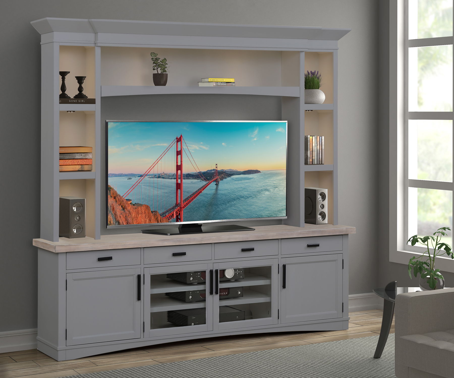 Americana Modern - TV Console with Hutch and LED Lights