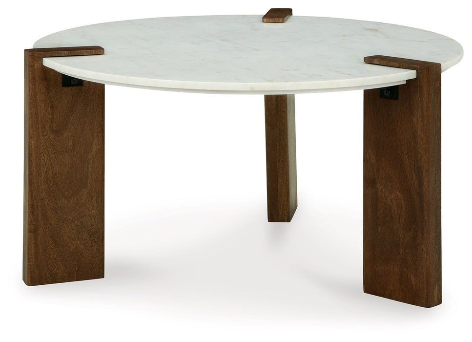 Isanti - Round Cocktail Table - White / Brown