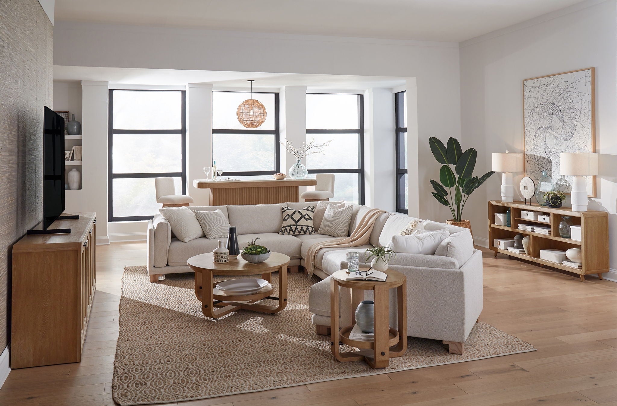 Escape - Round End Table With Shelf - Glazed Natural Oak / Black Metal Trim