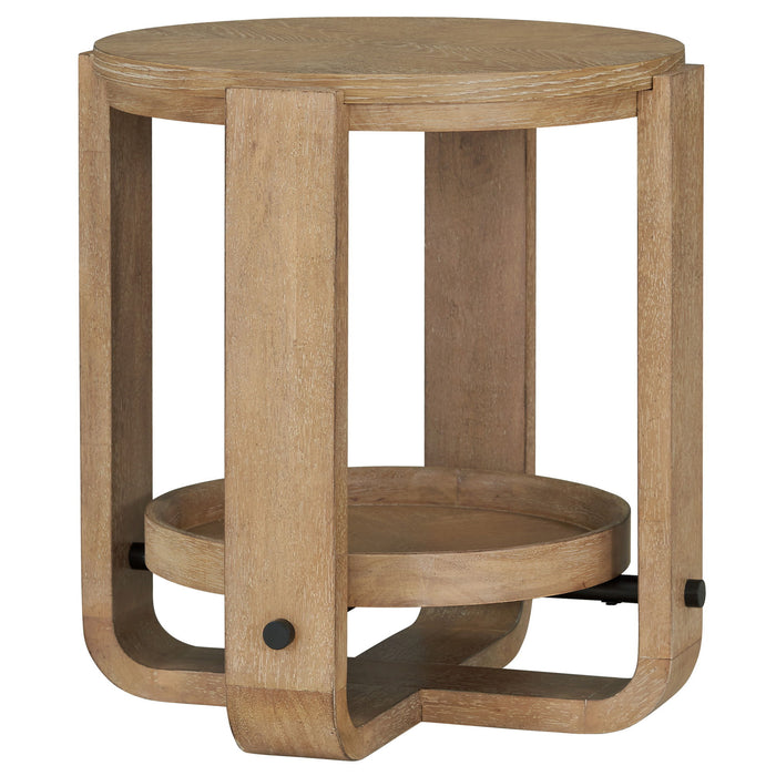 Escape - Round End Table With Shelf - Glazed Natural Oak / Black Metal Trim