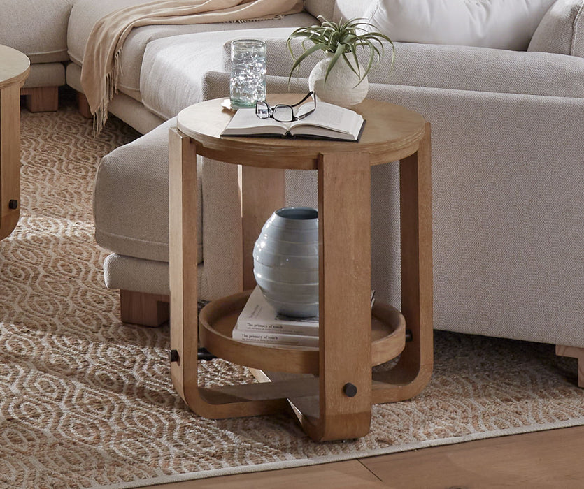 Escape - Round End Table With Shelf - Glazed Natural Oak Black Metal Trim