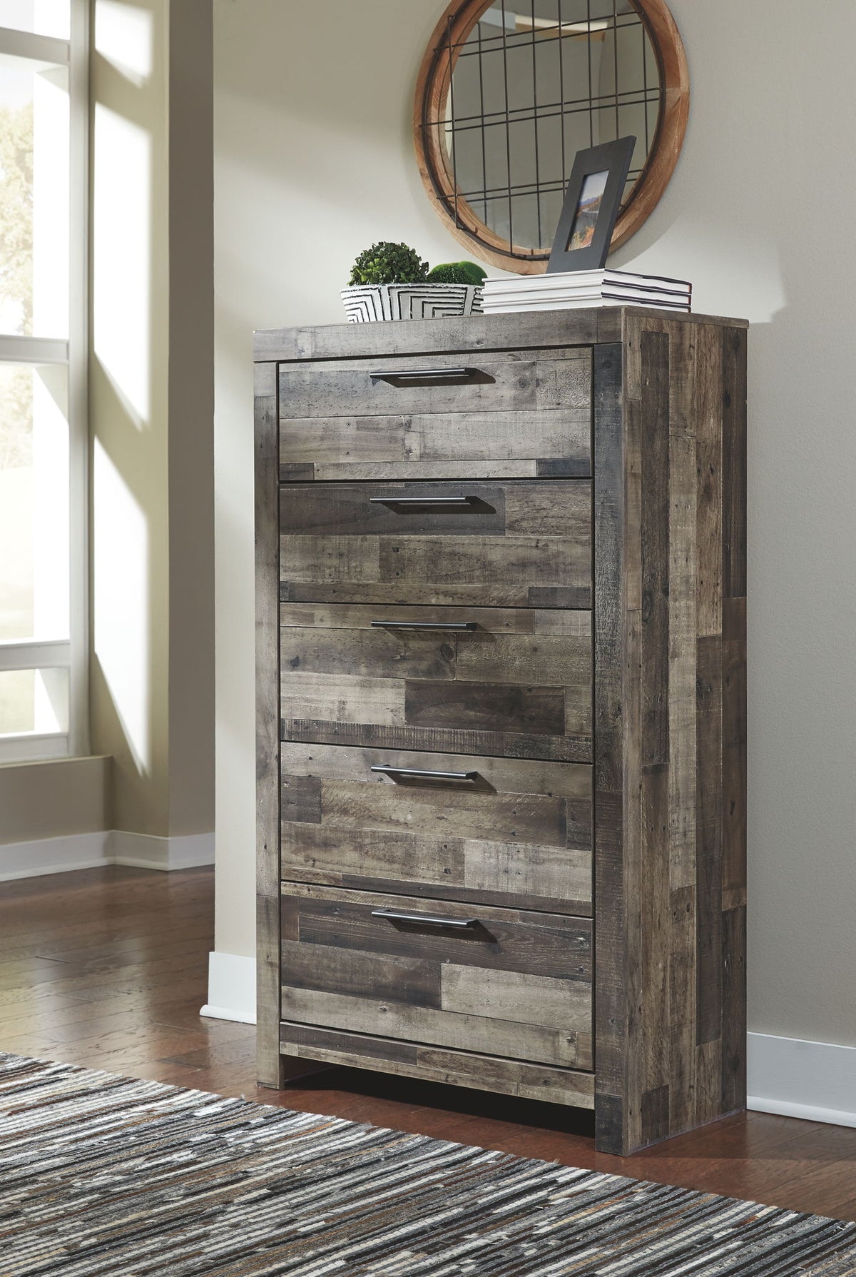 Derekson - 5 Pc. - Queen Panel Headboard with Bolt on Bed Frame, Dresser, Mirror, Chest, Nightstand - Multi Gray