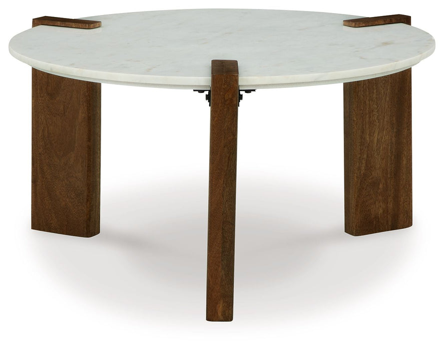 Isanti - Round Cocktail Table - White / Brown
