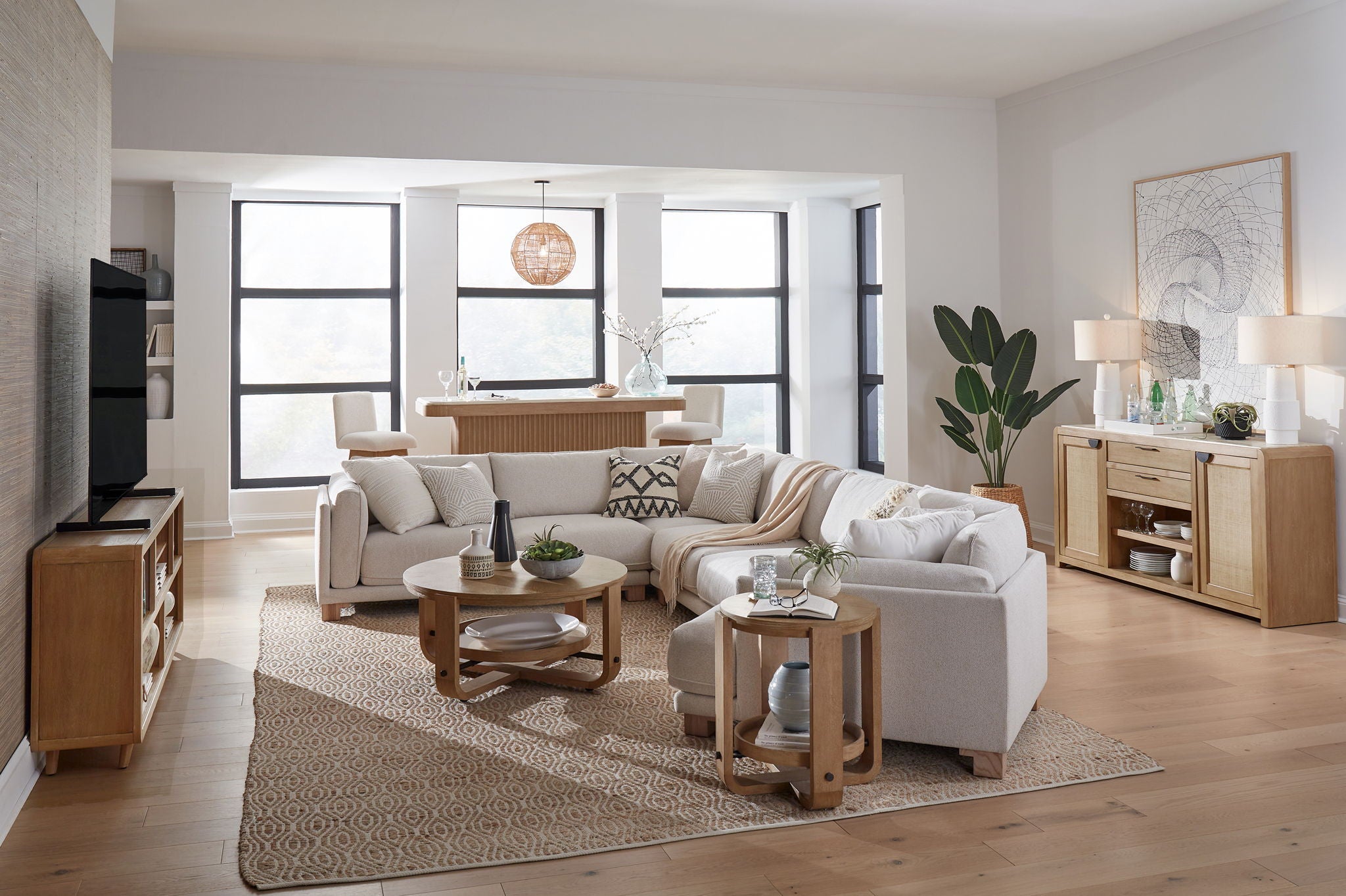 Escape - Round End Table With Shelf - Glazed Natural Oak / Black Metal Trim
