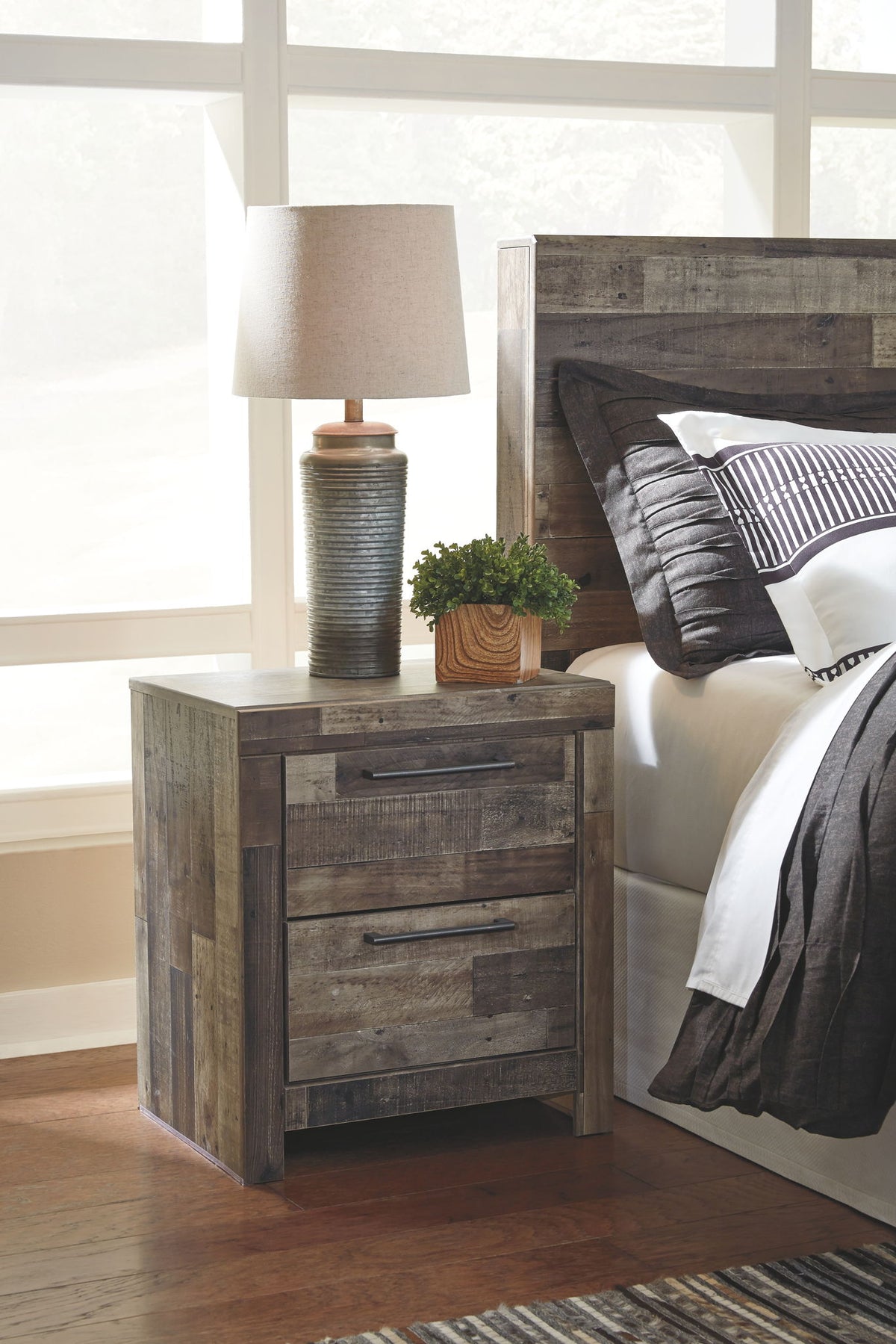Derekson - 5 Pc. - Queen Panel Headboard with Bolt on Bed Frame, Dresser, Mirror, Chest, Nightstand - Multi Gray