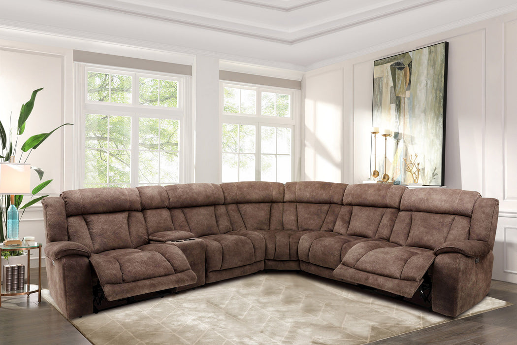 Titus - 6 Piece Modular Power Reclining Sectional with Power Headrests and Entertainment Console - Hudson Brown