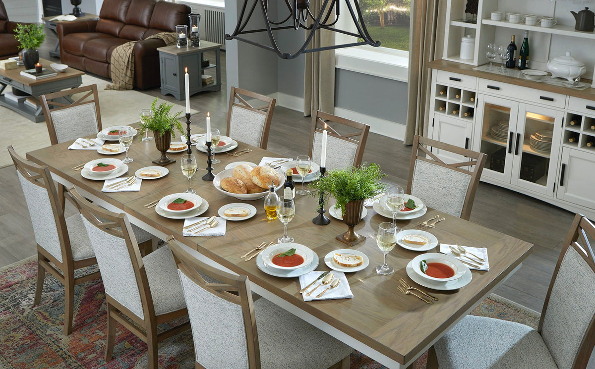Americana Modern Dining - Extendable Trestle Table With 8 Upholstered Chairs - Cotton